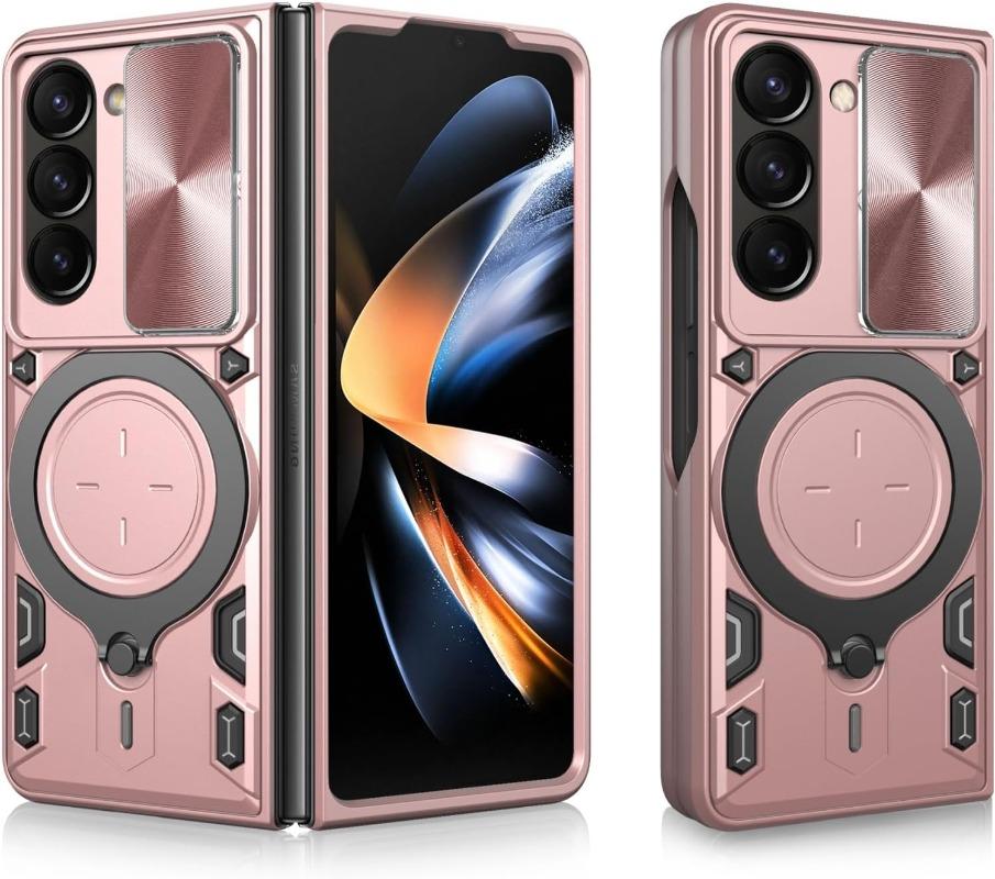 Чехол для Samsung Galaxy Z Fold 7 6 5 с магнитным креплением для камеры, защитным кольцом и подставкой на 360 градусов.