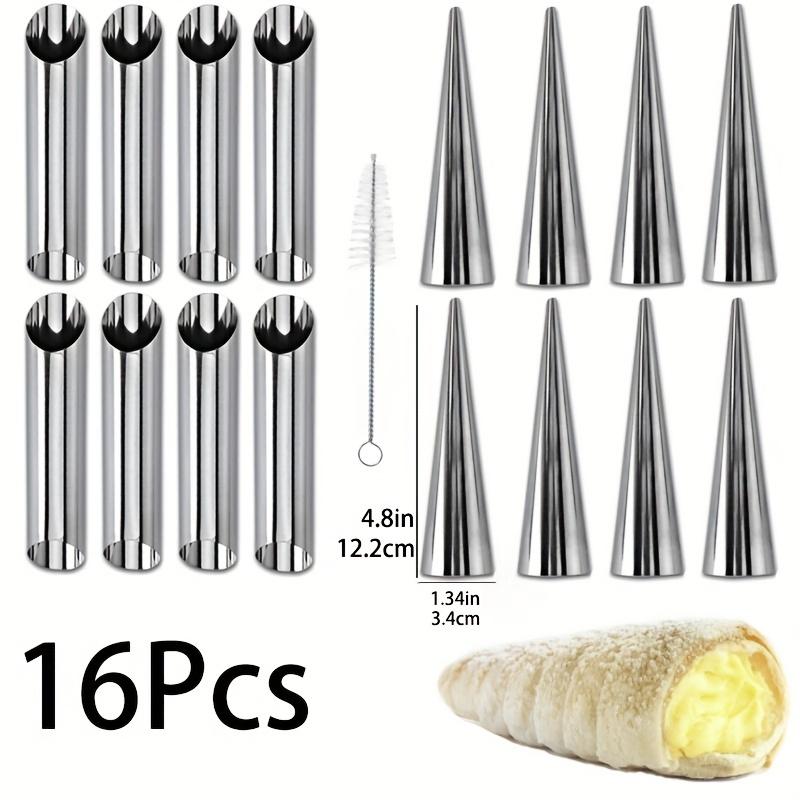 16 шт. Трубочки для формочек для канноли из нержавеющей стали, Форма для кремовых трубочек, Конусная форма, Самостоящие, Цветочная насадка, Щетка для чистки