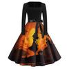 Women's Casual Fashion Halloween Print Square Neck Vintage Style Long Sleeve Dress with Waist Tie Belt Retro A-Line Midi Dress for Fall