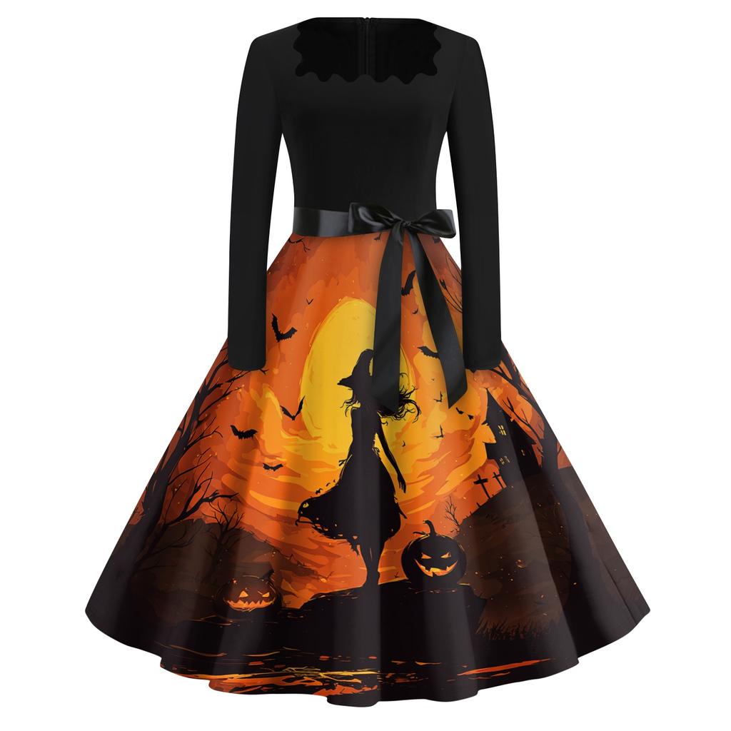 Women's Casual Fashion Halloween Print Square Neck Vintage Style Long Sleeve Dress with Waist Tie Belt Retro A-Line Midi Dress for Fall
