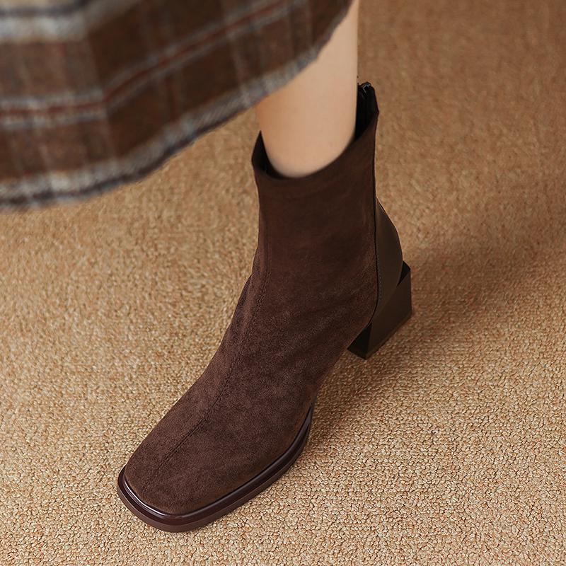 Krazing Pot Осенне-зимняя обувь из флока Ботинки Челси с квадратным носком, сохраняющие тепло, на молнии, эластичные ботильоны