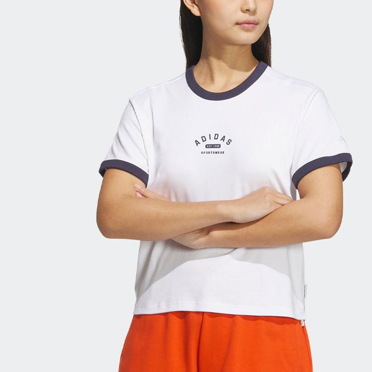 adidas Футболка с вышивкой логотипа и буквенным принтом в рубчик с круглым вырезом и короткими рукавами, женские топы, белый, темно-бирюзовый IP3940