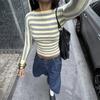 Women's Knitted Pink Striped T-shirt Spring and Autumn New Long Sleeve Casuals Sexy Fashion Slim Crop Tops Versatile Street Wear