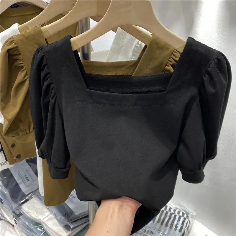 WTEMPO Retro Puff Sleeve Square Collar Short Sleeve T-Shirts Women's Summer Casual Solid Shirts Streetwear