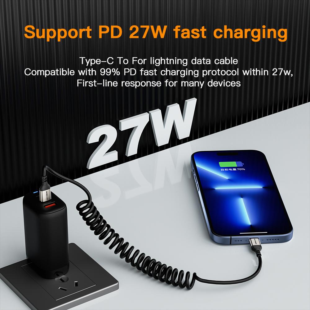 KEYSION PD 27W автомобильный пружинный кабель передачи данных USB Type C To L провод для быстрой зарядки iPhone 14 11 12 13 Pro Max X XR XS 8 7 SE 2 IOS iPad