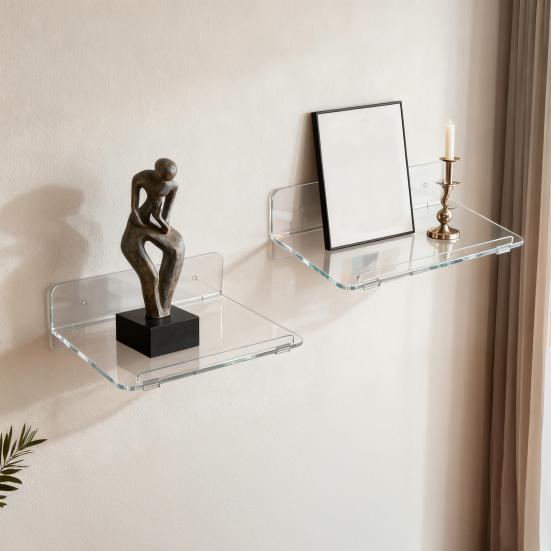 2 шт. Акриловые плавающие настенные полки Прозрачные настенные полки Клеевая или винтовая установка Полки для демонстрации для динамика, горшка с растением, фигурок