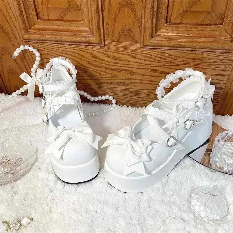 Lace Bowknot White Lolita Shoes Women 2025 Heart Buckle Platform Mary Janes Woman Japanese Style Patent Leather Jk Shoes