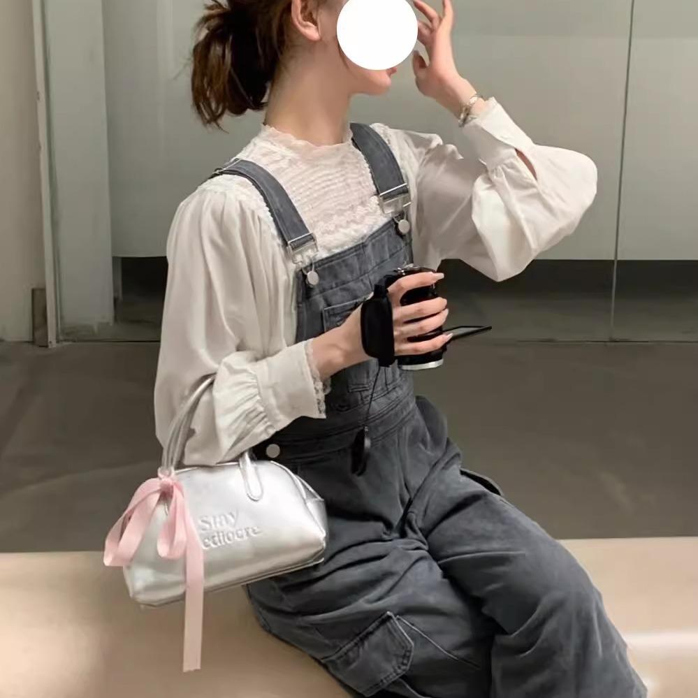 Silver Stylish Boston Tote 2024 New Large Capacity Sweet and Cool Spice Girl Style Shoulder Crossbody Bowling Bag