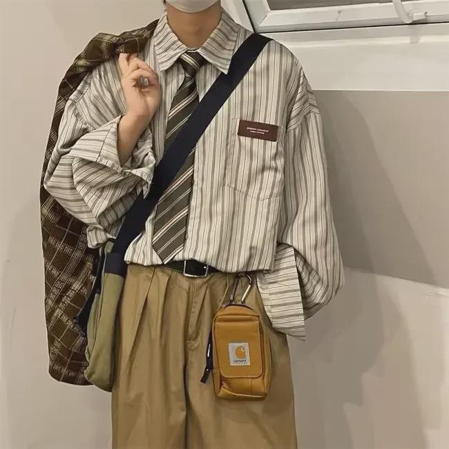 2023 Japanese Retro Lapel Striped Long Sleeve Shirt for Men and Women - Spring To Autumn Casual Wear