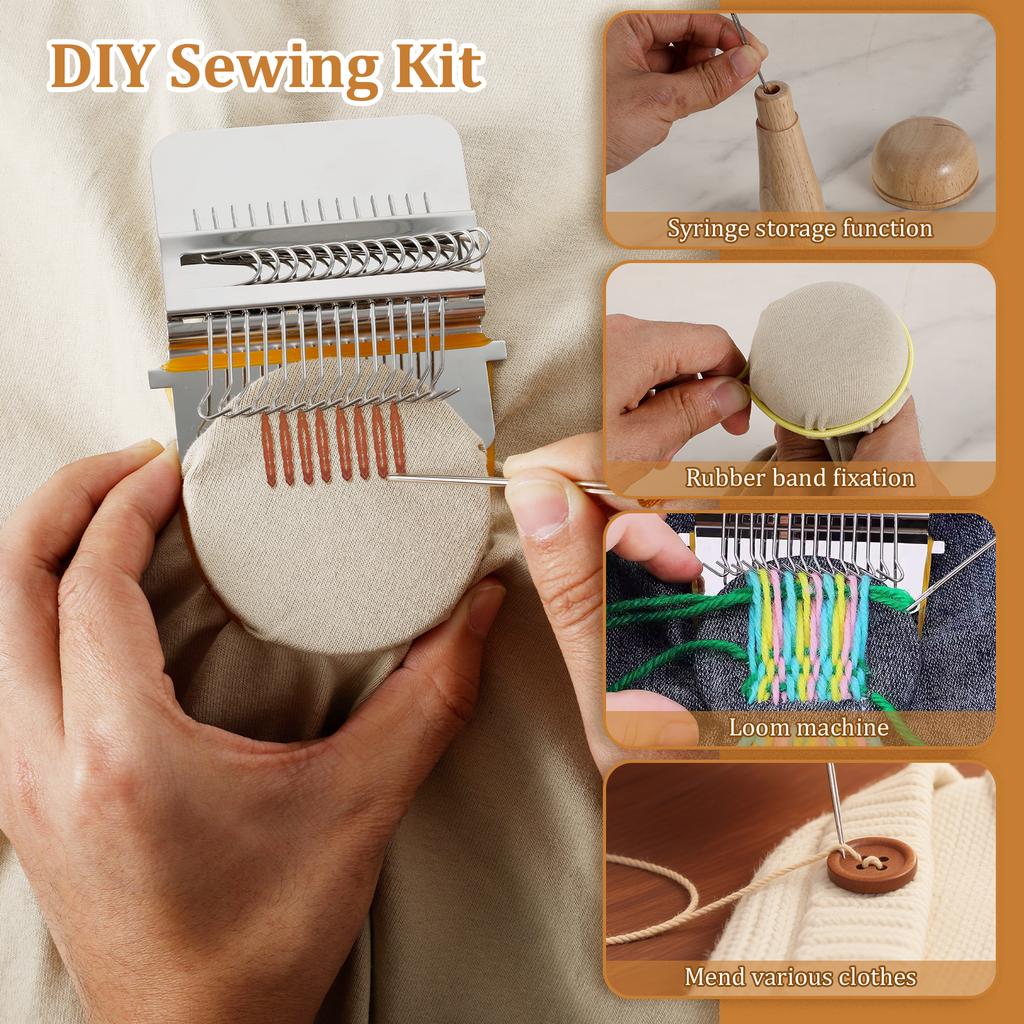 Mini Mushroom Knit Patch Kit Small Speedweve Style Weaving Darning Loom with 14 Hooks 50 Color Threads for Mending Clothes Jeans