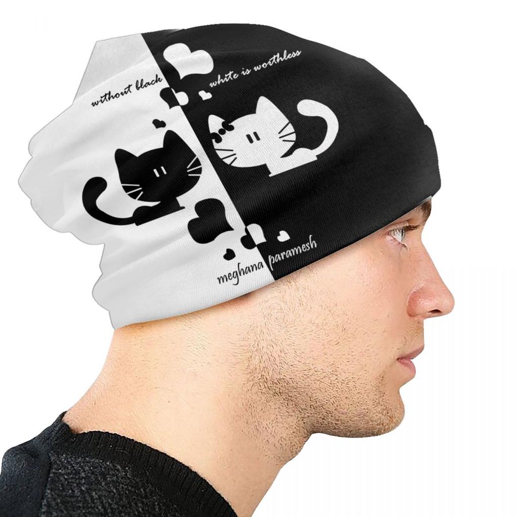 Черно-белая шапка-бини с рисунком кота, унисекс, зимняя теплая шапка, Homme, вязаные шапки, уличные уличные шапки с черепами, шапки