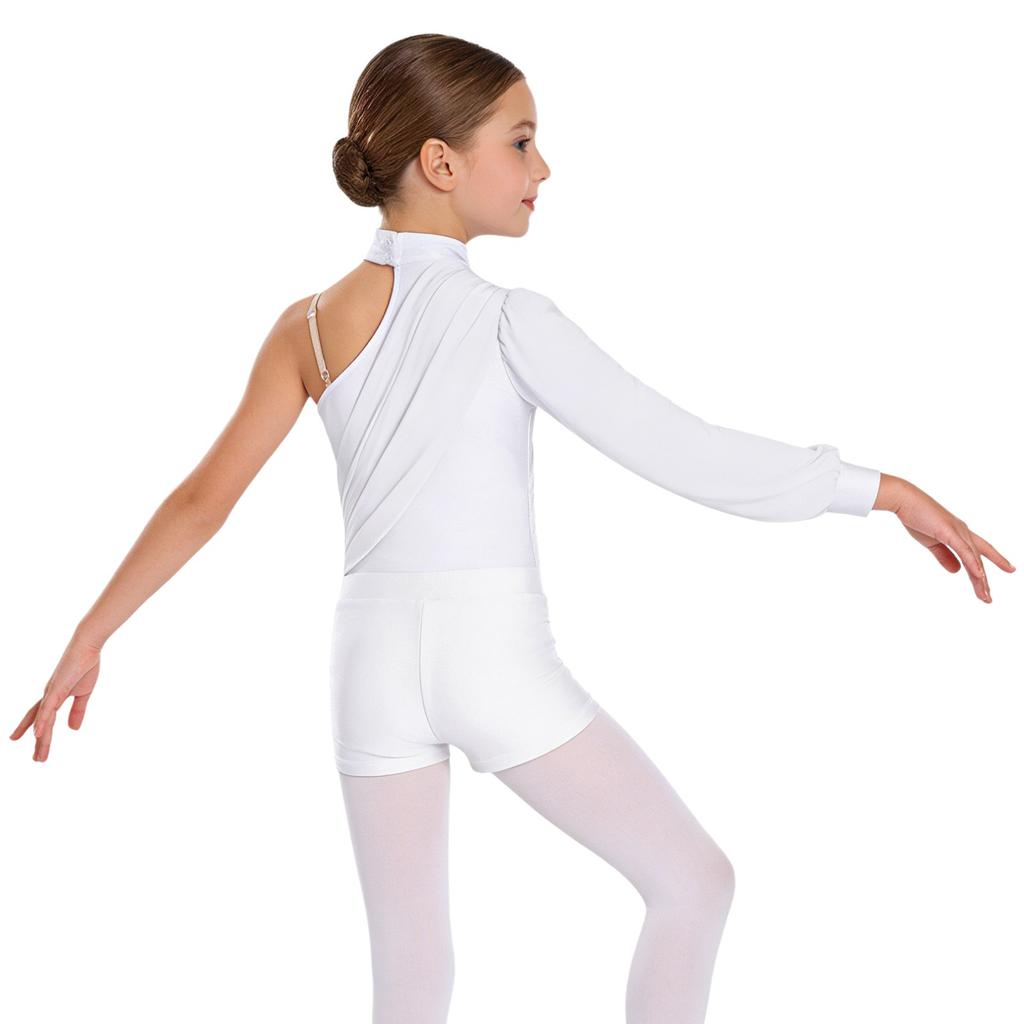 Girls One Shoulder Long Sleeve Ruched Mesh Leotard Figure Skating Gymnastics Outfit