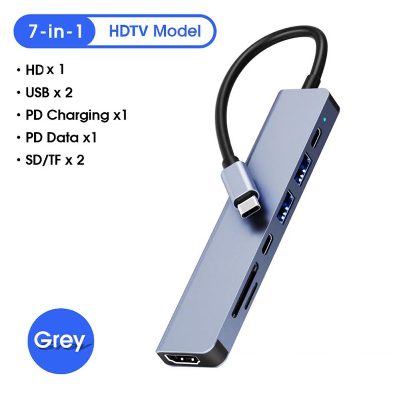 Dj1013 7 в 1 Usb C Hub для 4k HDMI-совместимого адаптера типа C с Pd Tf Sd, совместимого для