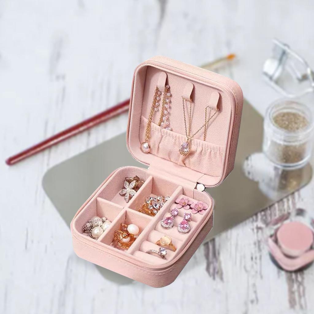 Portable Jewelry Case Multiple Grids Lightweight Mini Travel Jewellery Box with Zipper for Home Business Trip Pink