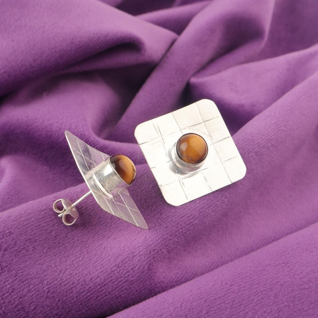 Сакральная чакра Натуральный желтый тигровый глаз Серьги-пусеты Ювелирные изделия Серебро 925 пробы EE-146-37