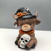 Highland Cow Ornament Highland Cattle Statue Halloween Highland Cow Figurine with Pumpkin Skull Resin Sculpture