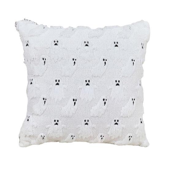 Halloween Decorative Pillow Cover Soft Plush Throw Cushion Case with 3D Embroidered Ghost Pumpkin Design for Couch Sofa Bedroom