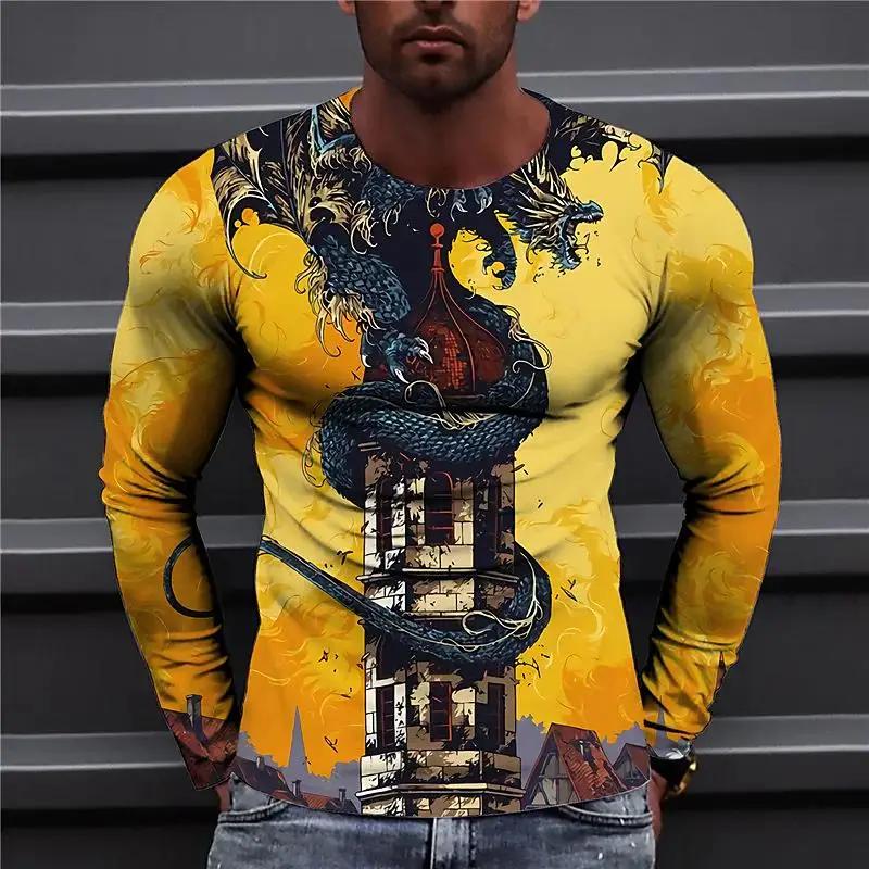 Летняя мужская футболка с круглым вырезом и принтом животных в винтажном стиле с 3D-принтом, повседневная футболка большого размера с длинным рукавом, модный пуловер для мужчин, одежда