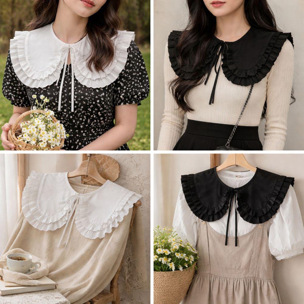 Large Lapel Women False Collar Half Shirt Style Solid Color Detachable Collar Collar Decoration Lace Up Ruffled Doll Collar
