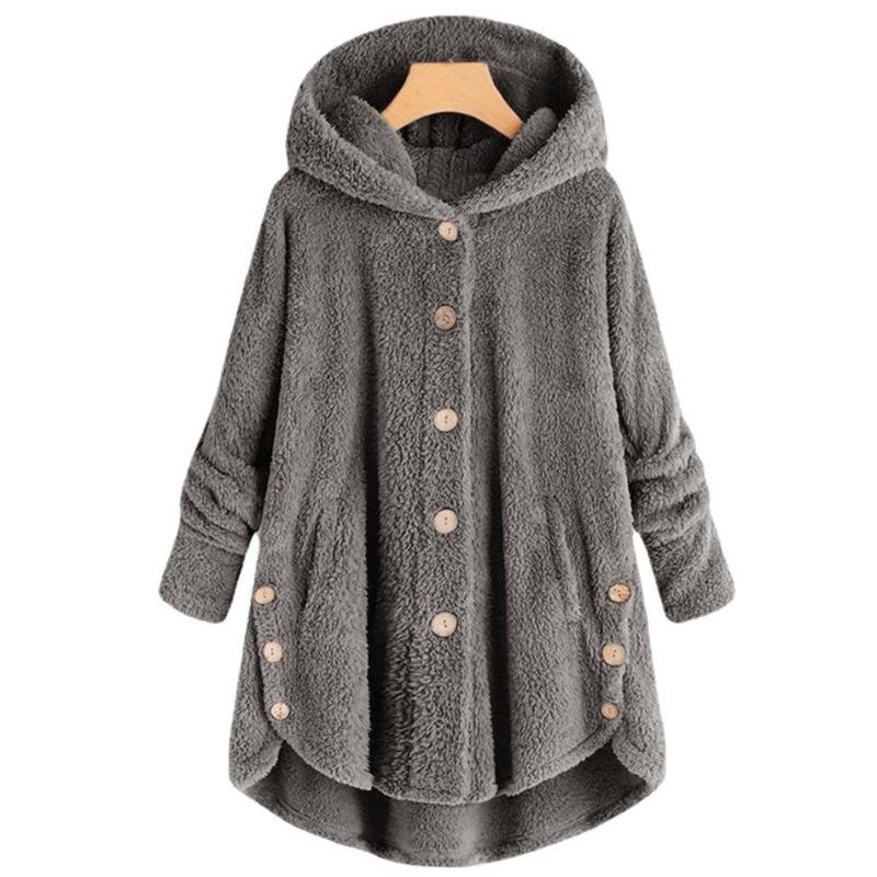 Women's Coat Button Plush Solid Color Hooded Jacket