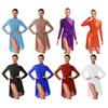 Womens Lyrical Dance Dress Long Sleeve Ruched Backless Design Glittery Rhinestones One Piece Leotard