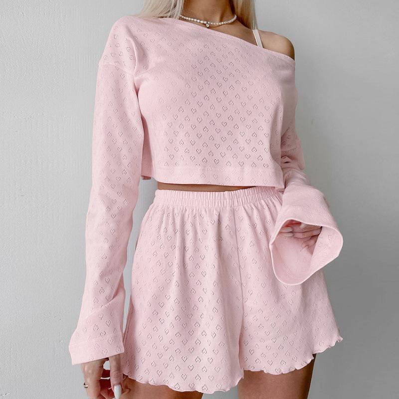 2024 Европейский и американский трикотажный женский комплект с длинным рукавом и шортами - Мягкая и приятная к коже домашняя одежда