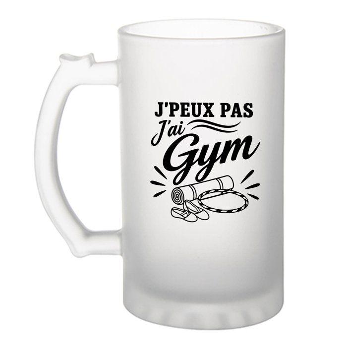 Chope de bière - PLANETEE - Collection J'peux pas minimaliste - Verre trempé givré - 470 ml - Motif "J'peux pas j'ai Gym"