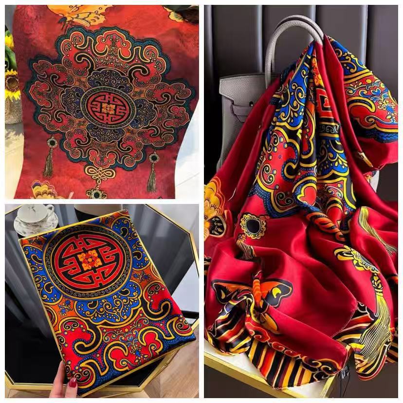 New Spring and Autumn Retro Floral Cranes Temperament Simulation Silk Large Long Scarf Sunscreen Outwear Shawl Female Silk Scarf