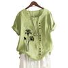 Women Fashion Cotton Linen Blouse Summer&fall Round Neck Short Sleeved Top Laides Casua Floral Print Loose T-shirt