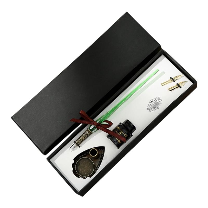 Calligraphy Glass Dip Pen and Inks Set with Replaceable Pen Tip and Metal Pen Holder for Writing Invitation Scrapbooking