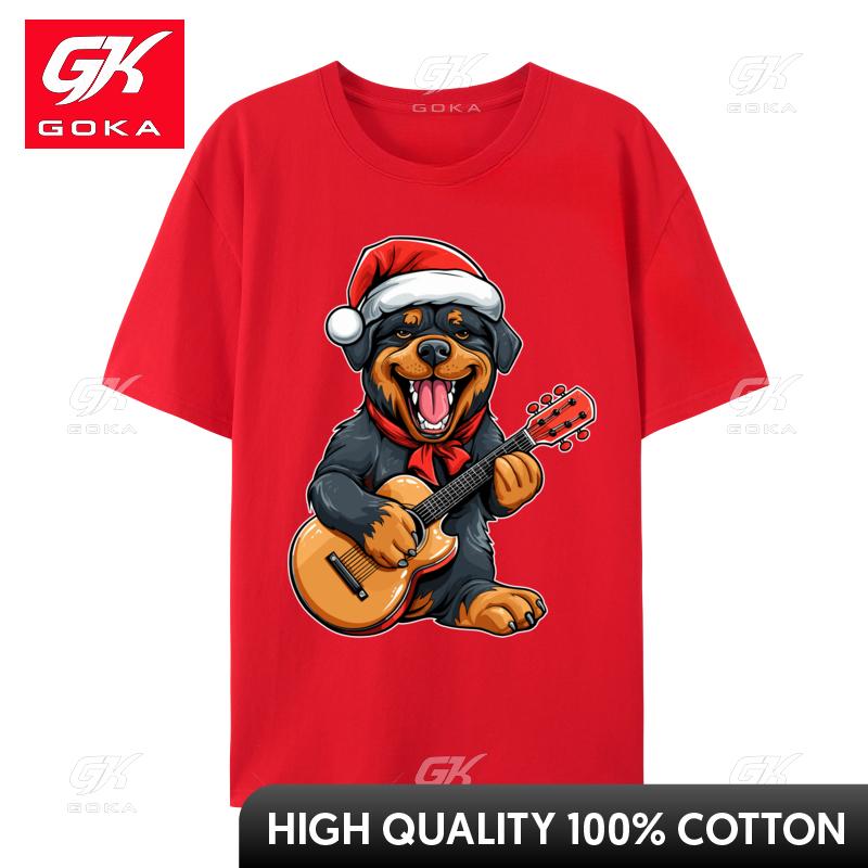Rottweiler Dog Playing Guitar Christmas Santa Hat Xmas Tshirt for Unisex Casual Cotton Crew Neck Tshirt Graphic d Print