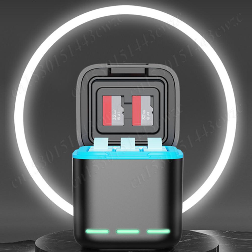 3-Channel Battery Charger with Type C Cable Storage Charging Box 2 SD Slot Batteries Storage Case for GoPro Go Pro Hero 8 7 6 5