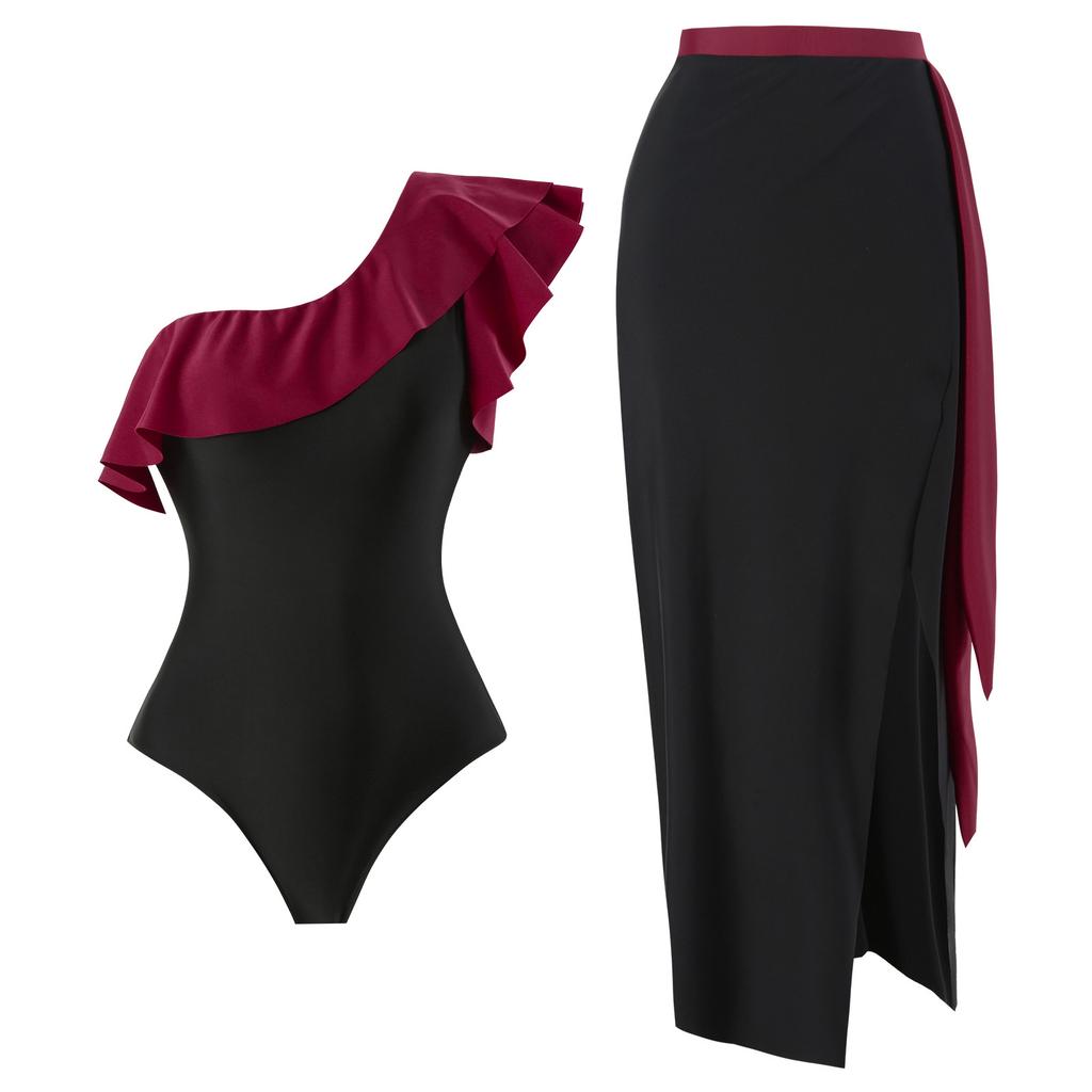 Новый цельный купальник с оборками, однотонный купальник в стиле ретро с одним плечом и юбкой из полиэстера