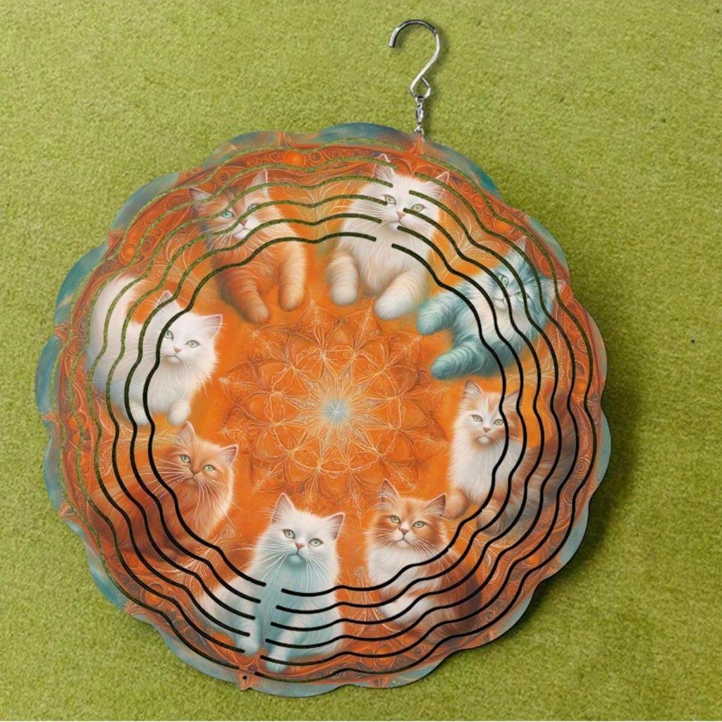 25.4cm Rotating Cat Wind Chime Artistic Metal Garden Decor with Orange and White Cats Perfect Gift for Cat Lovers Year Round Outdoor Hanging Ornament