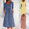 Tanya Women Summer Boho Floral Print Dress Round Neck Short Sleeve Pocket Dress