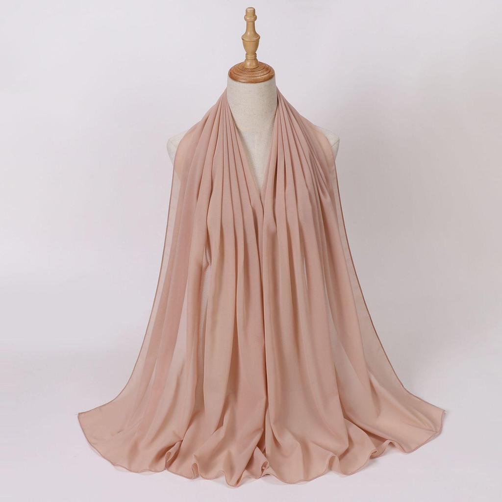 Этнический шифоновый хиджаб-шарф с жемчугом - Однотонный, Длинный стиль для Ближнего Востока и Африки