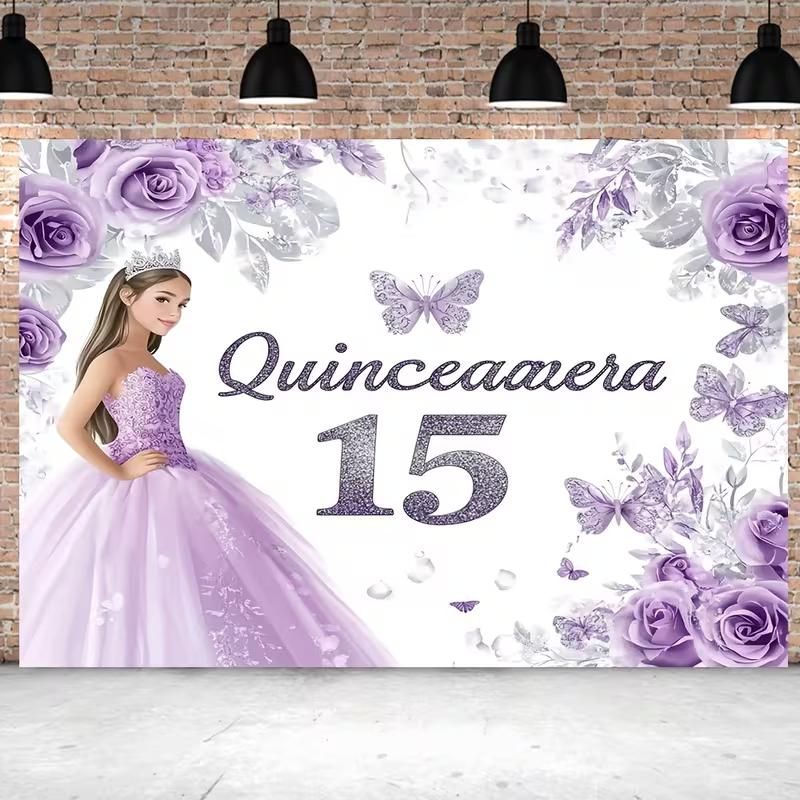 2D Silver Butterfly Sweet 15 Quinceañera Backdrop Girl Birthday Portrait Photography Background