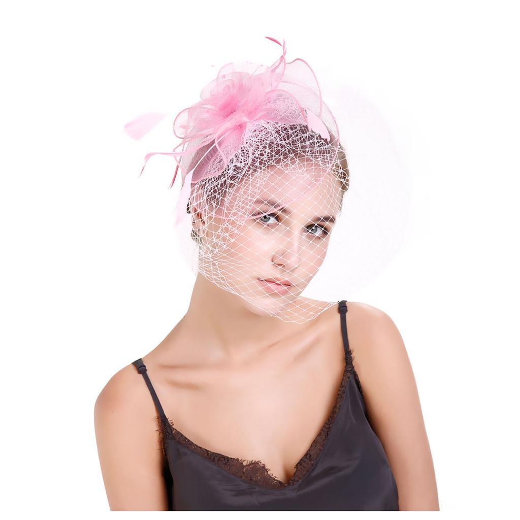(Projector)Women Flower Mesh Ribbons Feathers Headband Cocktail Tea Party Hat Headwear