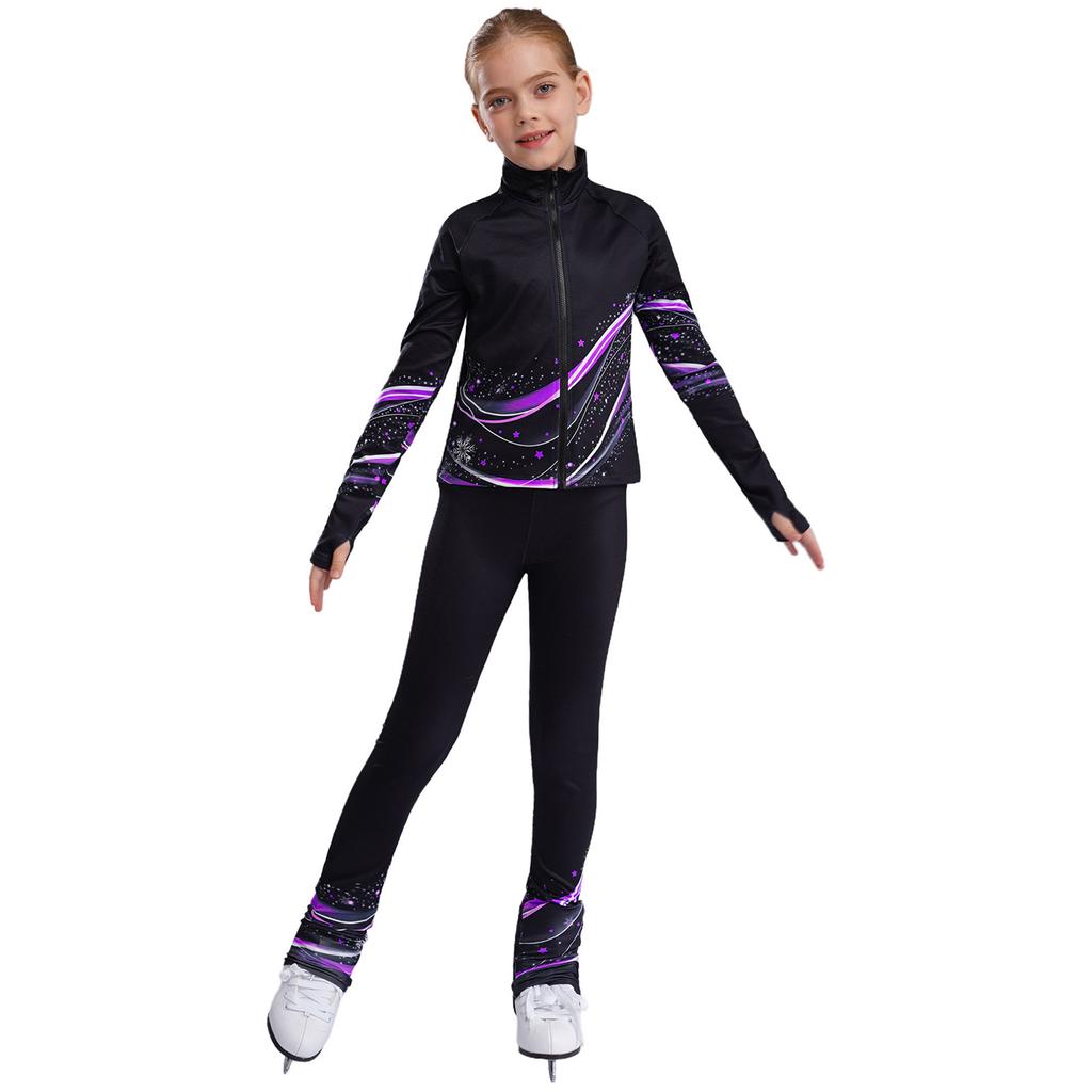Kids Figure Skating Jacket Set Stand Collar Long Sleeve Printed with Leggings for Workout