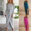 Women's Casual Solid Color Long-sleeved Waistband  Slim Irregular Dress