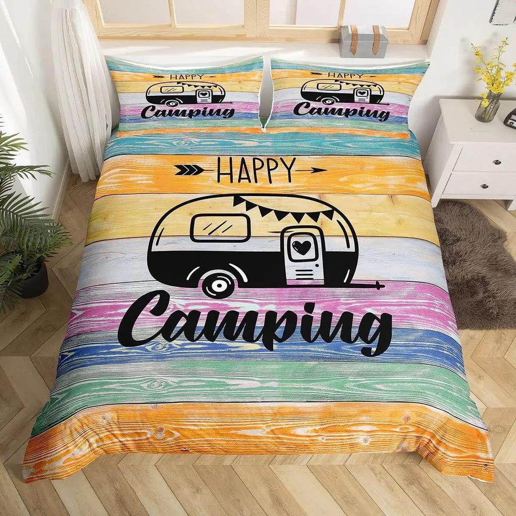 Happy Camping Duvet Set Retro Style Bedding Set Three-Piece Set