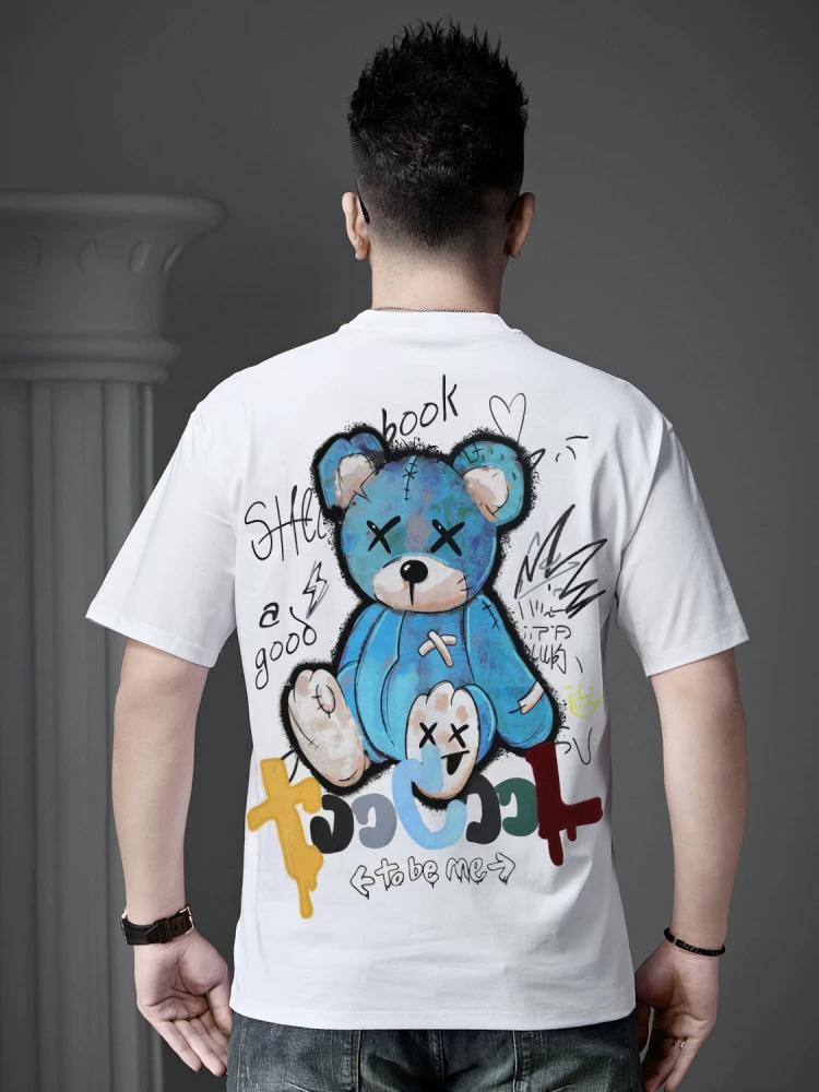 Ozhouzhan Men's High end Bear Print Short sleeve T-shirt 2025 New Summer Trendy All-Match Half Sleeve Top Clothes