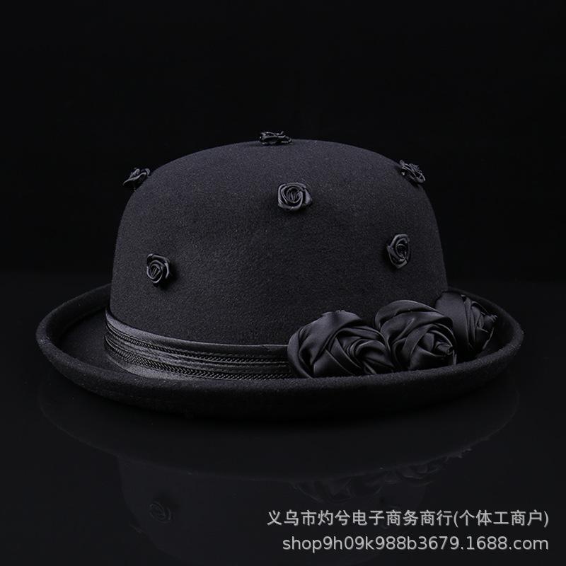 Dome crimped felt top hat rose decoration women's autumn and winter woolen warm basin hat short brim fashionable and versatile
