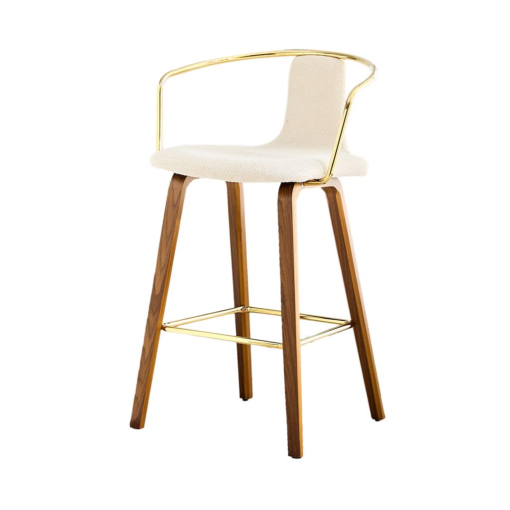 Set of 2 bar stools with armrest, teddy fabric/PU leather, wooden legs, metal footrest, modern Scandinavian