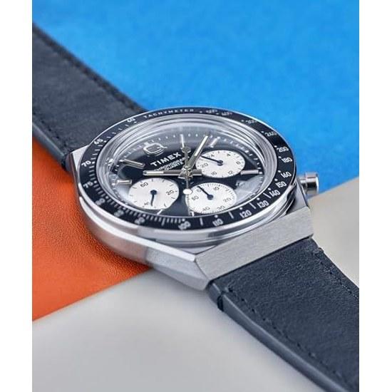 Мужские часы Timex Q Chronograph 40 мм - Черный ремешок Циферблат Корпус из нержавеющей стали Синий Современные