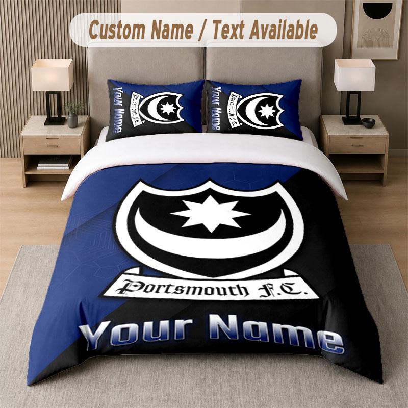 Custom Bedding Set Portsmouth FC Pattern, Print Name Text 1 Duvet Cover plus 2 Pillowcases Home Textile