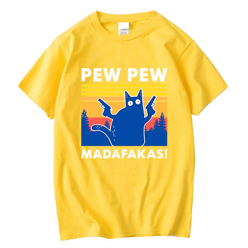 Pew Pew Madafakas Футболка Мужская С коротким рукавом Новинка Забавная Кошка Футболка Хлопок Свободный Топ Рубашки Футболка Летний Повседневный Свободный Мужской