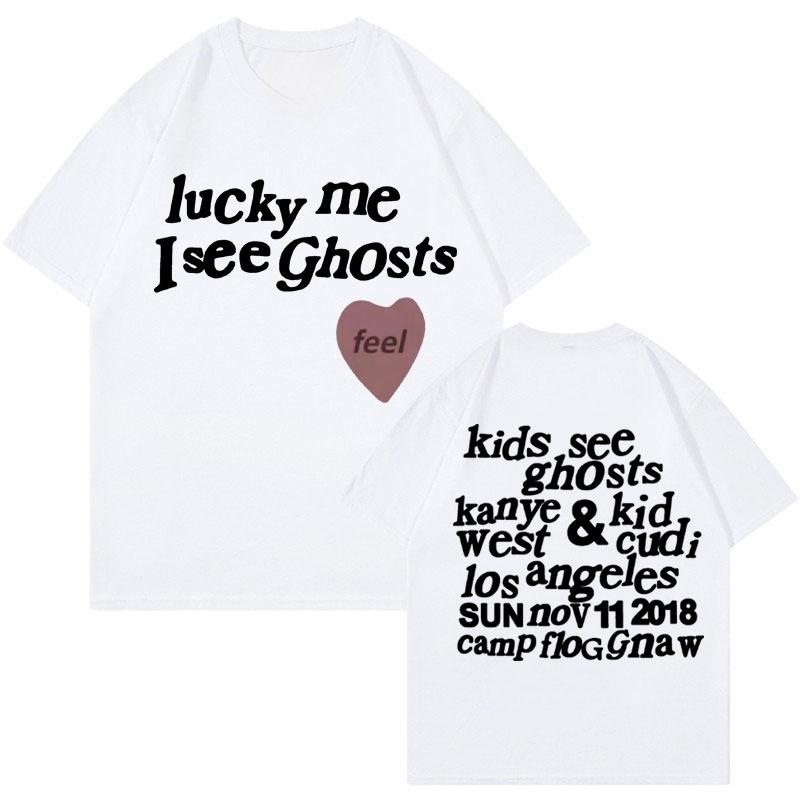 Детская футболка 'Kids See Ghosts' - Мне повезло, я вижу призраков - Футболки с принтом букв Kanye West Мужские Женские Модные Повседневные Хлопковые Футболки Топы