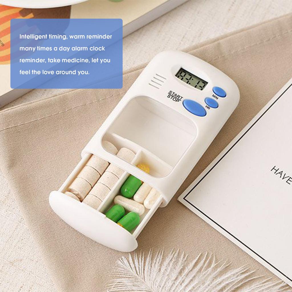 Portable Mini Pill Box Timer with LCD Digital Electric Alarm Medicine Pill Case 2 Grids White Color Two Drawers Divided