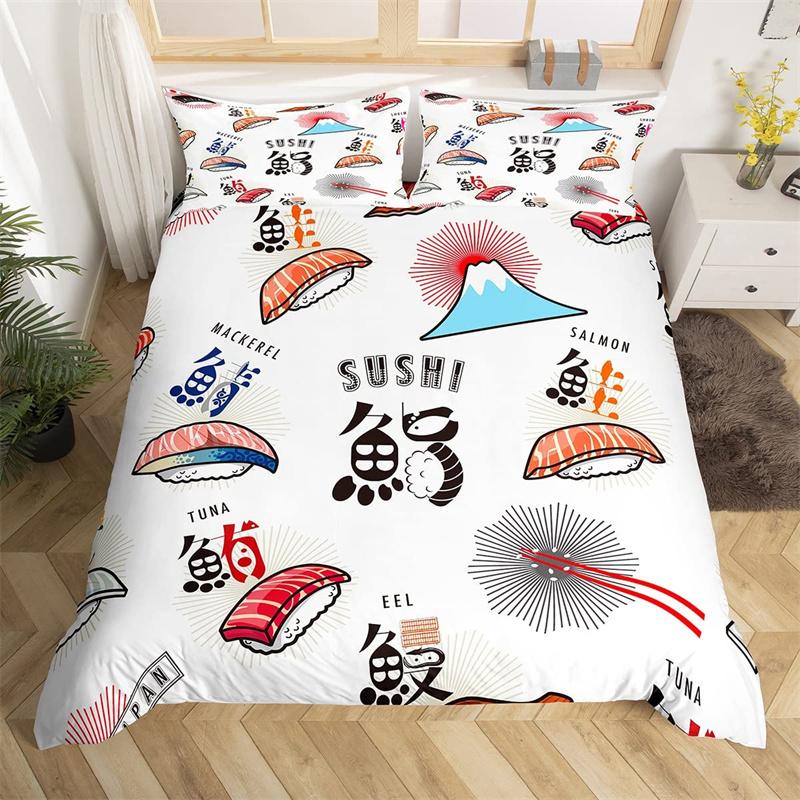 Cartoon Sushi Food Duvet Cover Twin For Kids Teen Microfiber Japanese Cuisine Bedding Set Kawaii Cat Cherry Blossoms Quilt Cover